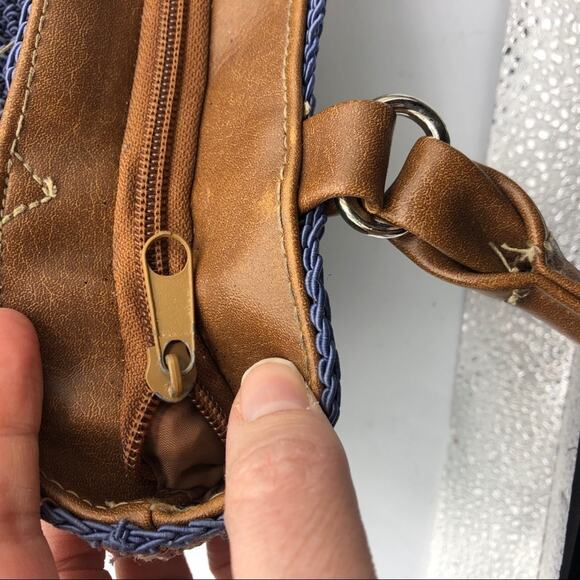 Blue & Tan Woven Shoulder Handbag Faux Leather Straps Beachy Hobo Boho Bag - Picture 6 of 8